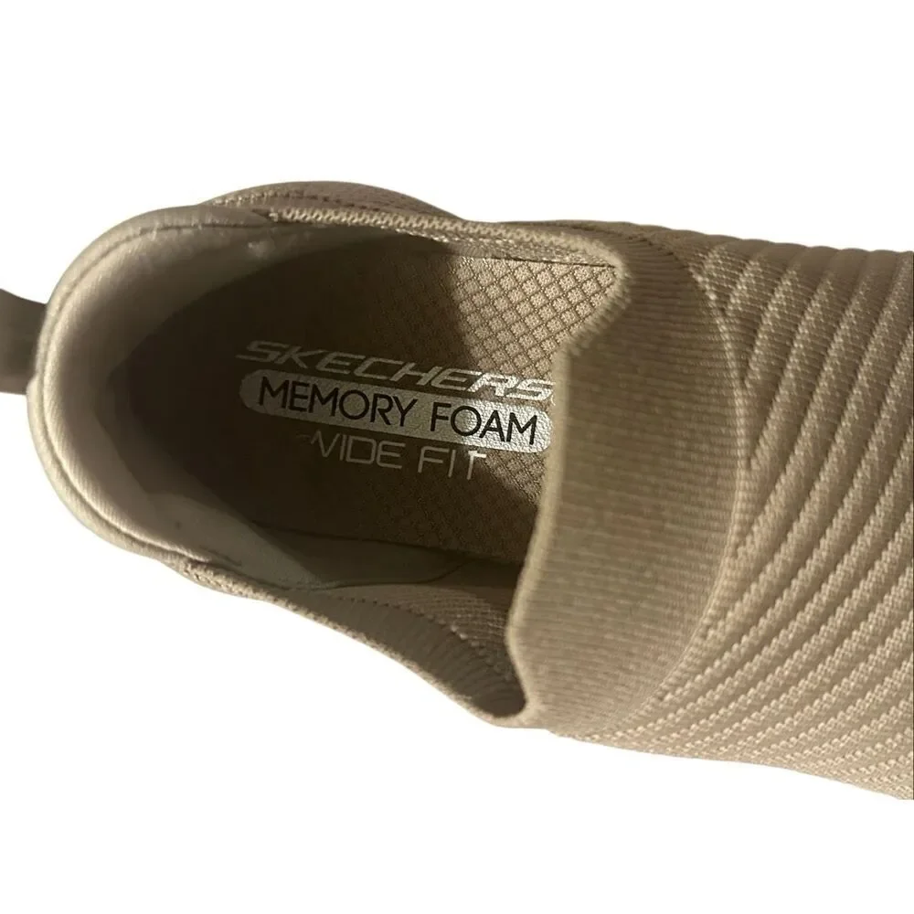 Skechers tan knit slip ons memory foam wide fit sz 8.5